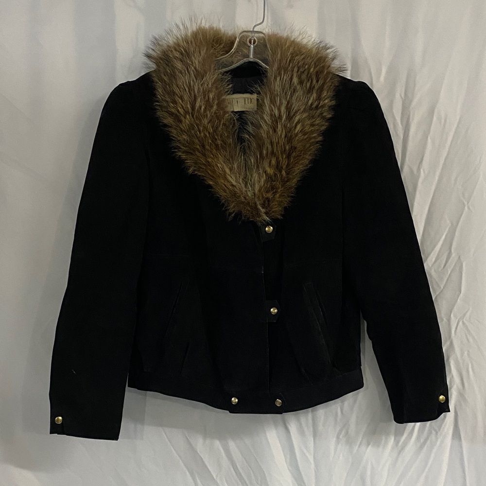 Leather attic black suede real fur Collar Jacket - Women's Coat